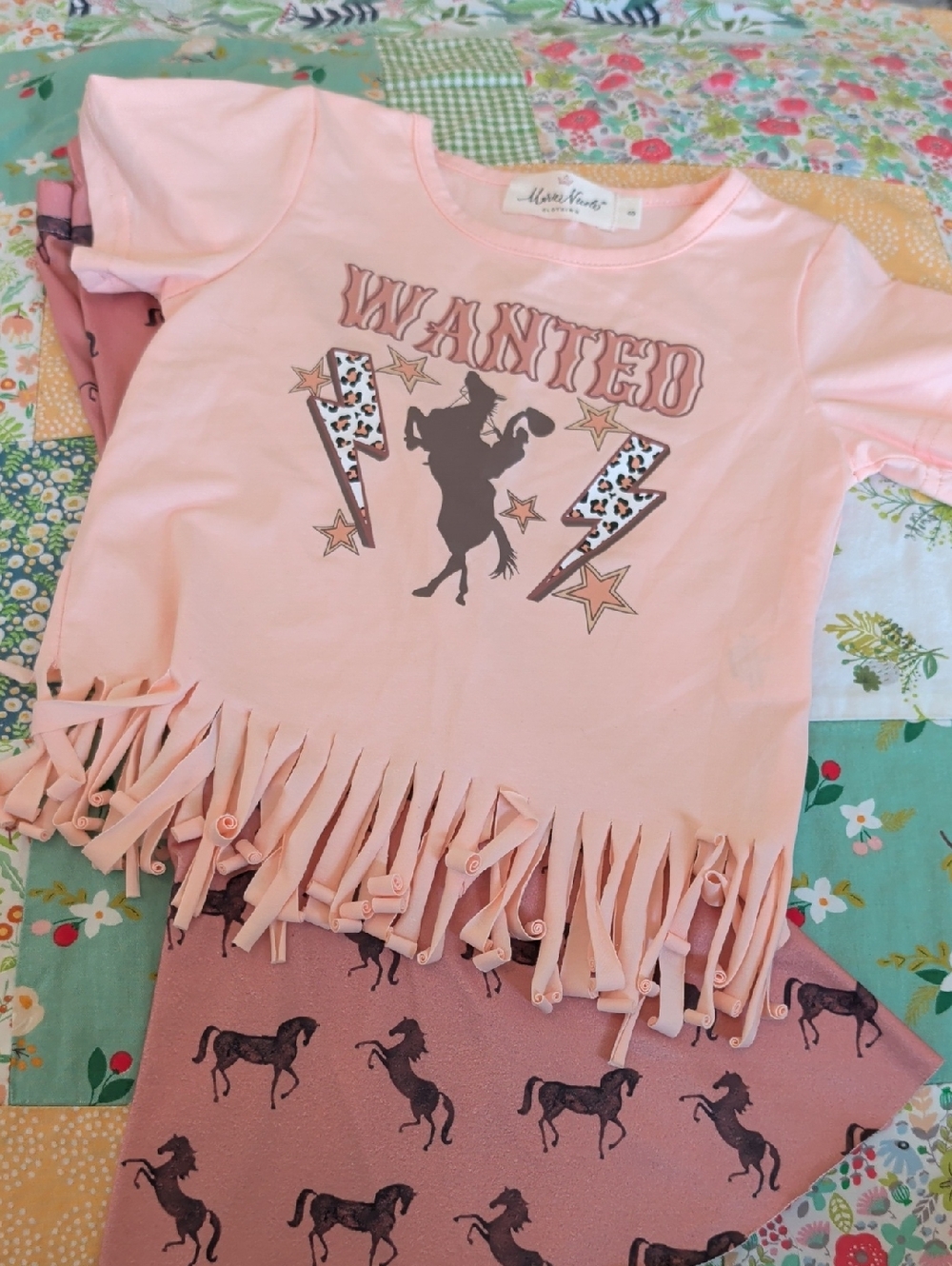 Girls Pink 'Wanted' Fringe Tee with Horse Graphic